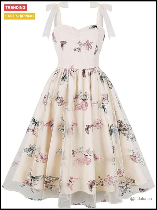 Dresses & Skirts - Tie Strap Tulle Prom Dress with Butterfly Flower Embroidery